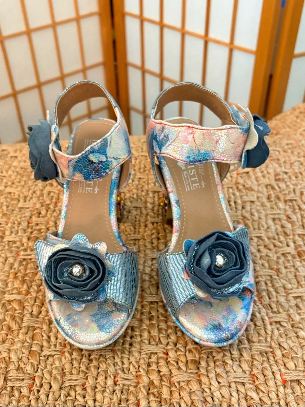L’Artiste Iridescent Floral Appliqué Block Embellished Heels Blue-Pink Size 35